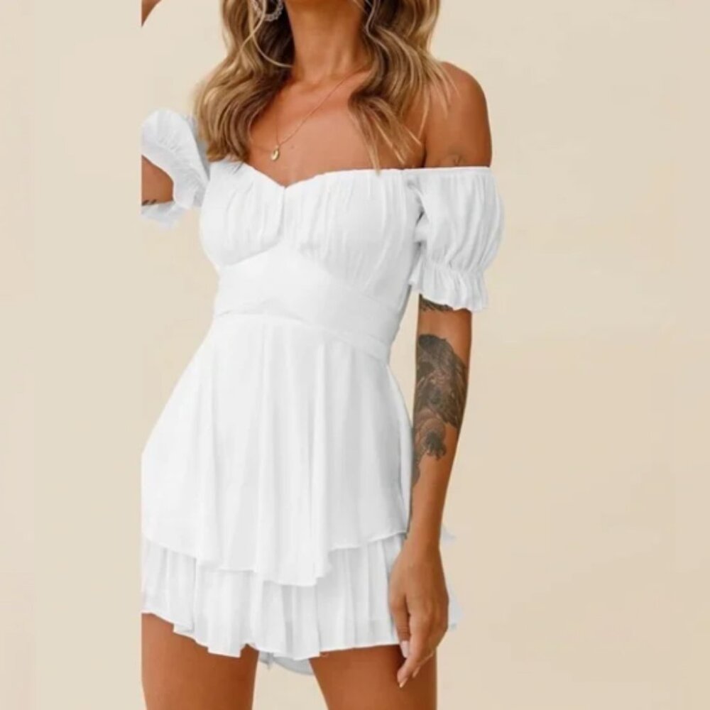 Saints + Secrets Elegant White Off-Shoulder Romper - Picture 2 of 10